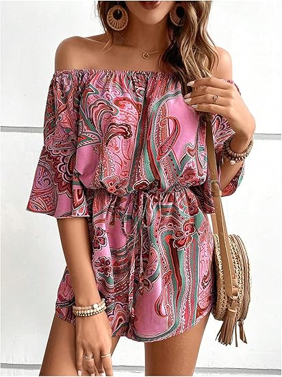 Women's Off The Shoulder Romper Boho Elastic Waist Shorts Jumpsuit Dressy Casual Vacation Outfits