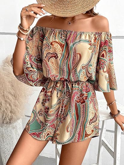 Women's Off The Shoulder Romper Boho Elastic Waist Shorts Jumpsuit Dressy Casual Vacation Outfits