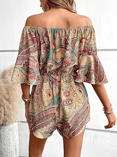 Women's Off The Shoulder Romper Boho Elastic Waist Shorts Jumpsuit Dressy Casual Vacation Outfits