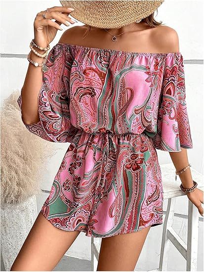 Women's Off The Shoulder Romper Boho Elastic Waist Shorts Jumpsuit Dressy Casual Vacation Outfits