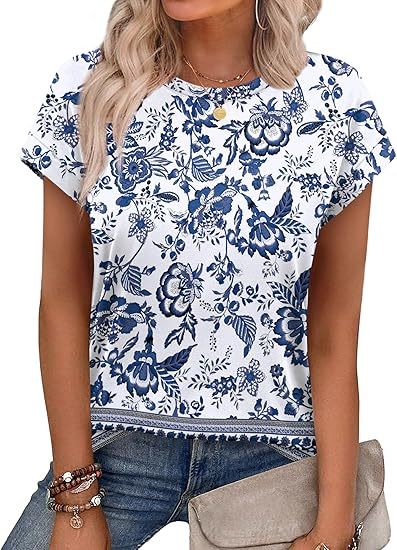Womens Summer Tops Short Sleeve Shirts Crew Neck Tshirt Cute Trendy Tunic Blouses