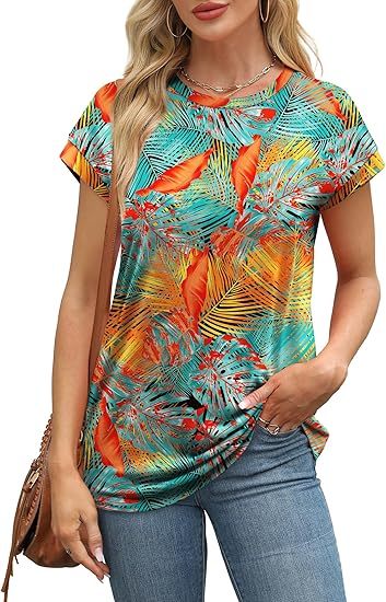 Womens Summer Tops Short Sleeve Shirts Crew Neck Tshirt Cute Trendy Tunic Blouses