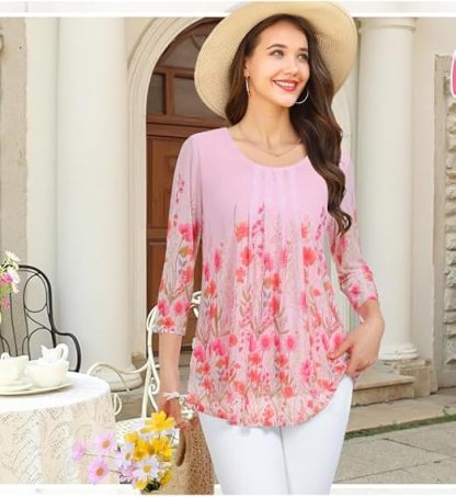Women's 3/4 Sleeve Tunic Tops Casual Loose Fit Floral Blouses Mesh Pleated Layered Shirt