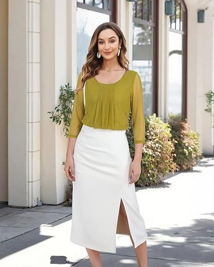 Women's 3/4 Sleeve Tunic Tops Casual Loose Fit Floral Blouses Mesh Pleated Layered Shirt