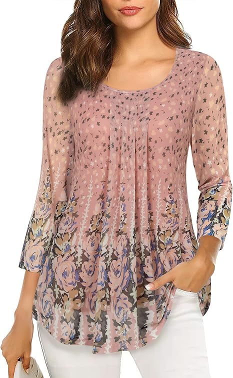 Women's 3/4 Sleeve Tunic Tops Casual Loose Fit Floral Blouses Mesh Pleated Layered Shirt