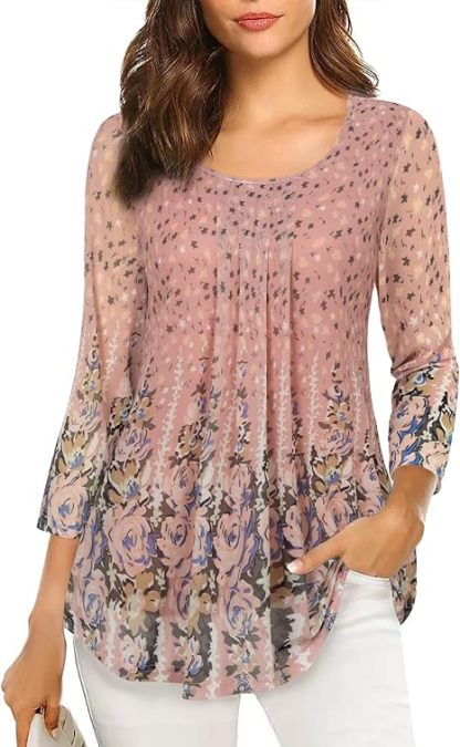 Women's 3/4 Sleeve Tunic Tops Casual Loose Fit Floral Blouses Mesh Pleated Layered Shirt