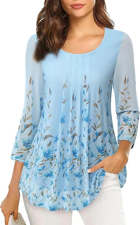 Women's 3/4 Sleeve Tunic Tops Casual Loose Fit Floral Blouses Mesh Pleated Layered Shirt