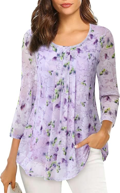 Women's 3/4 Sleeve Tunic Tops Casual Loose Fit Floral Blouses Mesh Pleated Layered Shirt