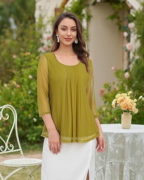 Women's 3/4 Sleeve Tunic Tops Casual Loose Fit Floral Blouses Mesh Pleated Layered Shirt