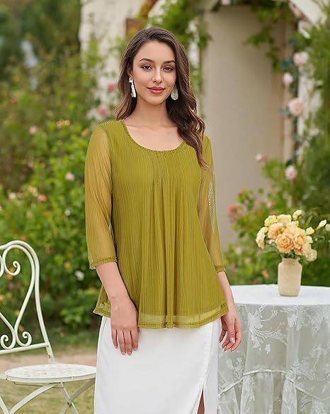 Women's 3/4 Sleeve Tunic Tops Casual Loose Fit Floral Blouses Mesh Pleated Layered Shirt