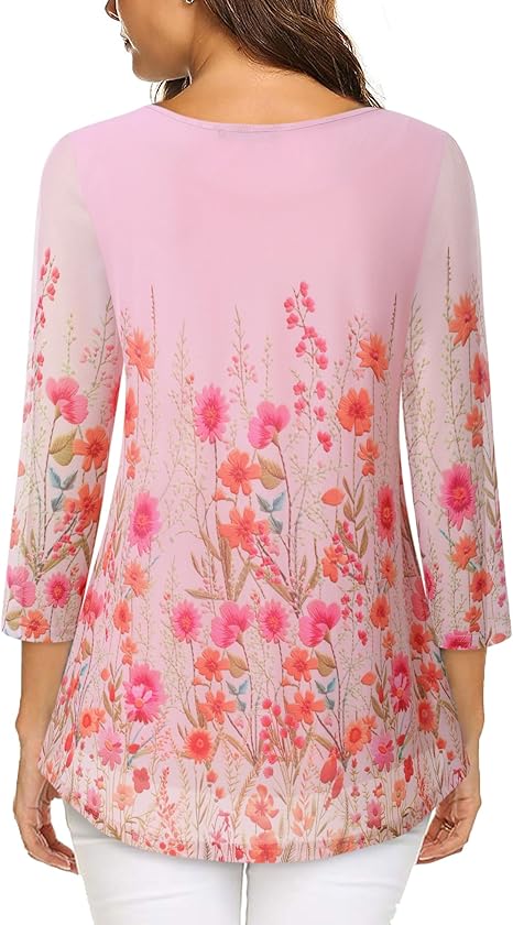 Women's 3/4 Sleeve Tunic Tops Casual Loose Fit Floral Blouses Mesh Pleated Layered Shirt