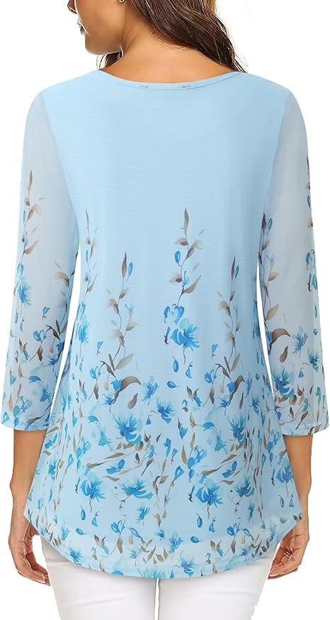 Women's 3/4 Sleeve Tunic Tops Casual Loose Fit Floral Blouses Mesh Pleated Layered Shirt