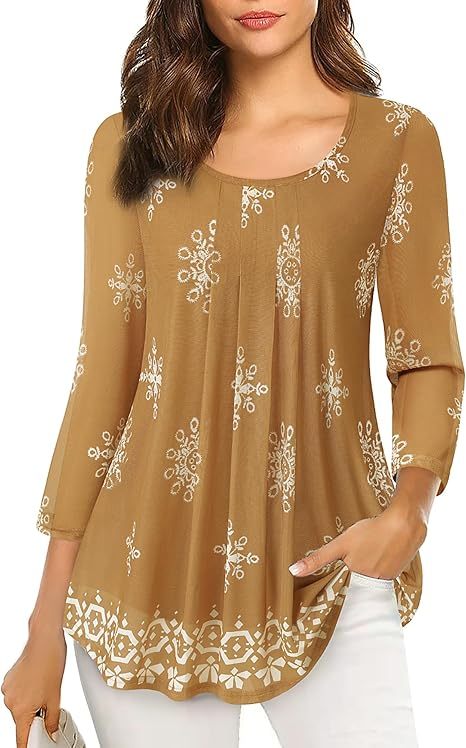 Women's 3/4 Sleeve Tunic Tops Casual Loose Fit Floral Blouses Mesh Pleated Layered Shirt