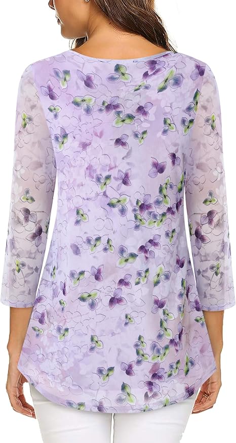 Women's 3/4 Sleeve Tunic Tops Casual Loose Fit Floral Blouses Mesh Pleated Layered Shirt