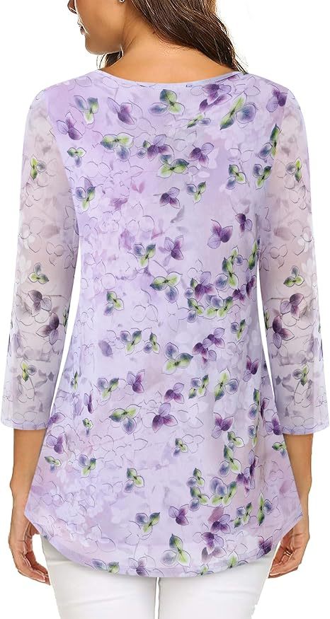 Women's 3/4 Sleeve Tunic Tops Casual Loose Fit Floral Blouses Mesh Pleated Layered Shirt