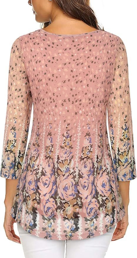 Women's 3/4 Sleeve Tunic Tops Casual Loose Fit Floral Blouses Mesh Pleated Layered Shirt