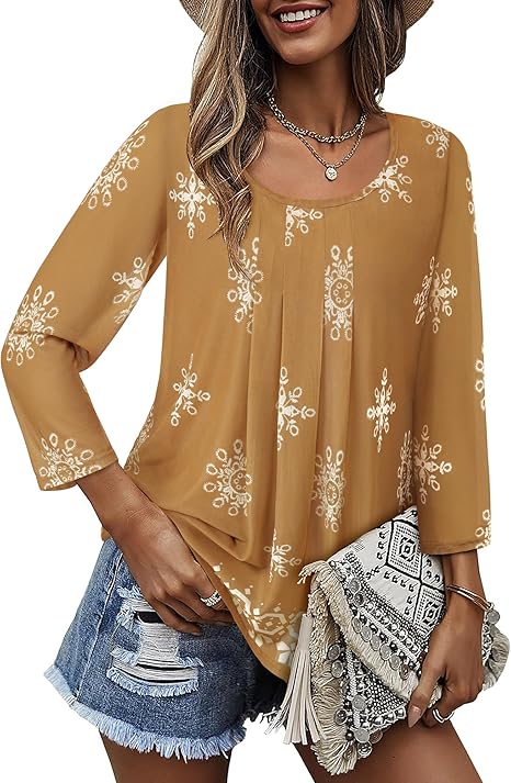 Women's 3/4 Sleeve Tunic Tops Casual Loose Fit Floral Blouses Mesh Pleated Layered Shirt