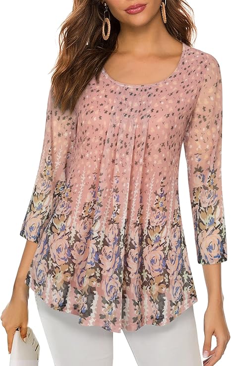 Women's 3/4 Sleeve Tunic Tops Casual Loose Fit Floral Blouses Mesh Pleated Layered Shirt