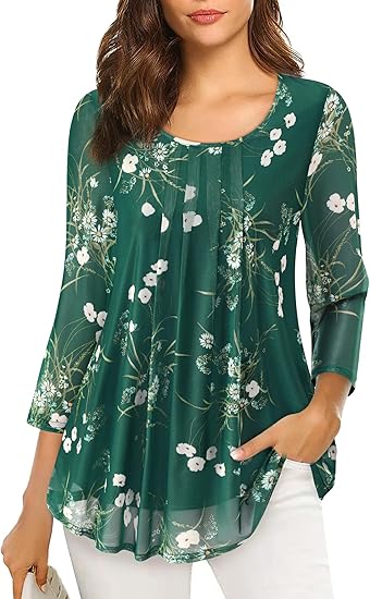 Women's 3/4 Sleeve Tunic Tops Casual Loose Fit Floral Blouses Mesh Pleated Layered Shirt