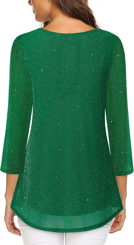 Women's 3/4 Sleeve Tunic Tops Casual Loose Fit Floral Blouses Mesh Pleated Layered Shirt