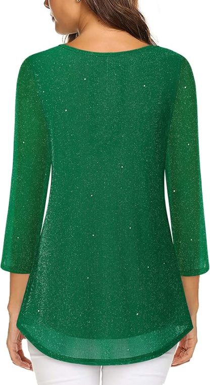 Women's 3/4 Sleeve Tunic Tops Casual Loose Fit Floral Blouses Mesh Pleated Layered Shirt