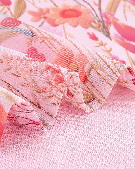 Women's 3/4 Sleeve Tunic Tops Casual Loose Fit Floral Blouses Mesh Pleated Layered Shirt