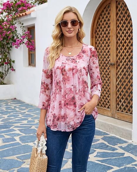 Women's 3/4 Sleeve Tunic Tops Casual Loose Fit Floral Blouses Mesh Pleated Layered Shirt
