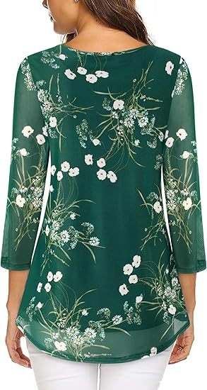 Women's 3/4 Sleeve Tunic Tops Casual Loose Fit Floral Blouses Mesh Pleated Layered Shirt