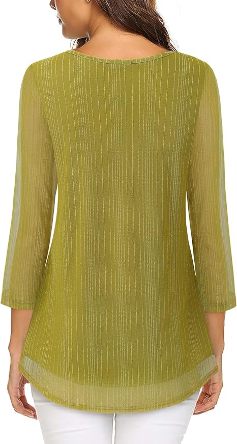 Women's 3/4 Sleeve Tunic Tops Casual Loose Fit Floral Blouses Mesh Pleated Layered Shirt