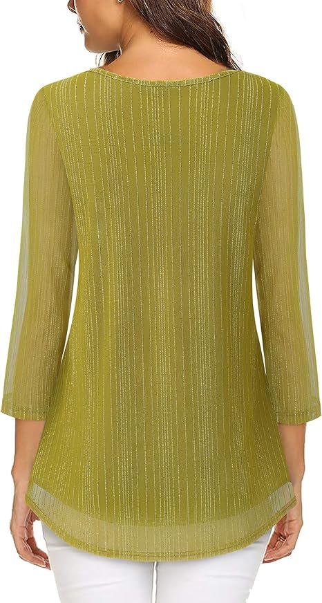 Women's 3/4 Sleeve Tunic Tops Casual Loose Fit Floral Blouses Mesh Pleated Layered Shirt