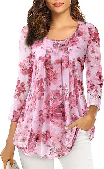 Women's 3/4 Sleeve Tunic Tops Casual Loose Fit Floral Blouses Mesh Pleated Layered Shirt