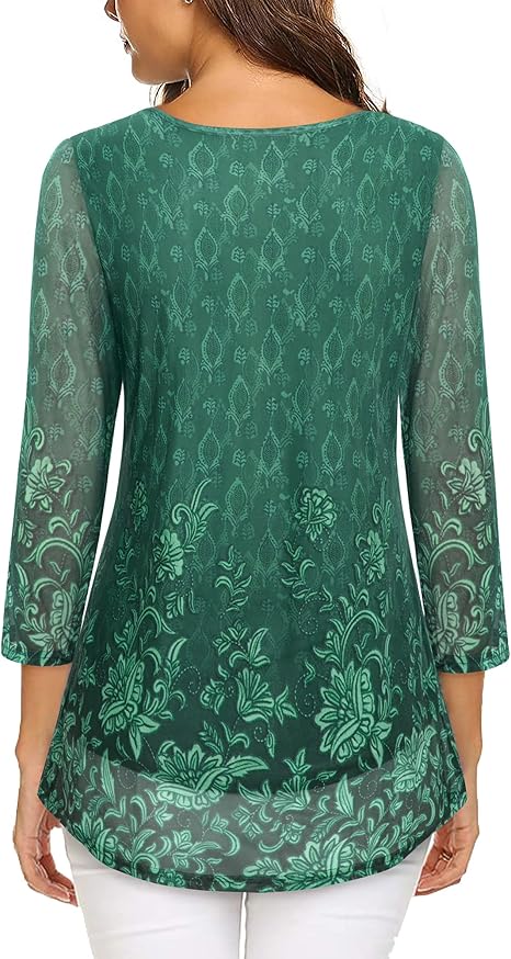 Women's 3/4 Sleeve Tunic Tops Casual Loose Fit Floral Blouses Mesh Pleated Layered Shirt