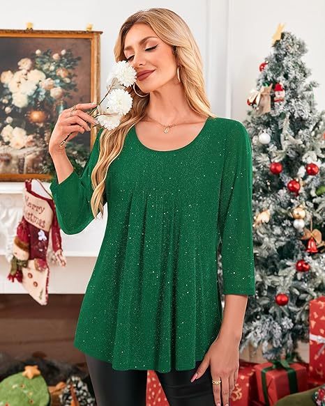 Women's 3/4 Sleeve Tunic Tops Casual Loose Fit Floral Blouses Mesh Pleated Layered Shirt