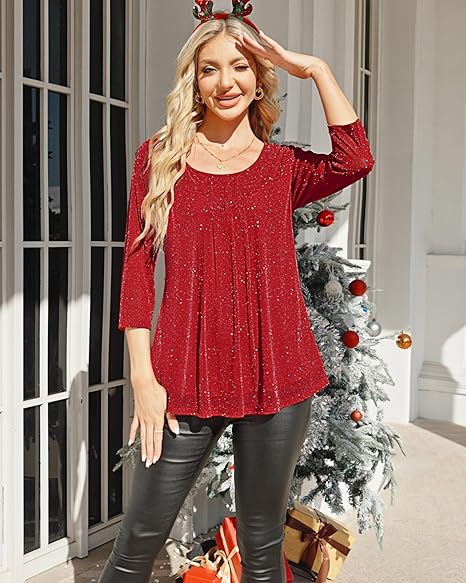 Women's 3/4 Sleeve Tunic Tops Casual Loose Fit Floral Blouses Mesh Pleated Layered Shirt