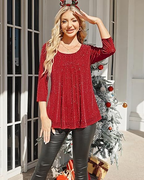Women's 3/4 Sleeve Tunic Tops Casual Loose Fit Floral Blouses Mesh Pleated Layered Shirt