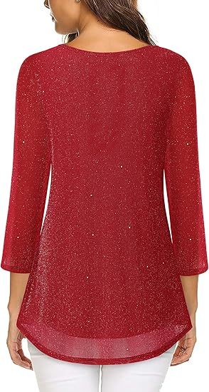 Women's 3/4 Sleeve Tunic Tops Casual Loose Fit Floral Blouses Mesh Pleated Layered Shirt