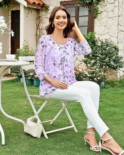 Women's 3/4 Sleeve Tunic Tops Casual Loose Fit Floral Blouses Mesh Pleated Layered Shirt