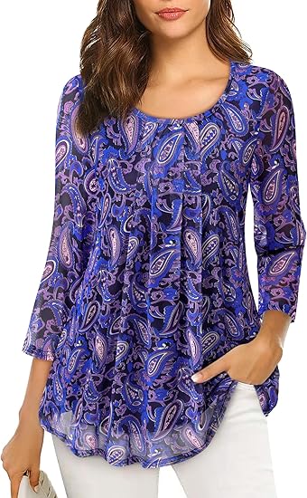 Women's 3/4 Sleeve Tunic Tops Casual Loose Fit Floral Blouses Mesh Pleated Layered Shirt