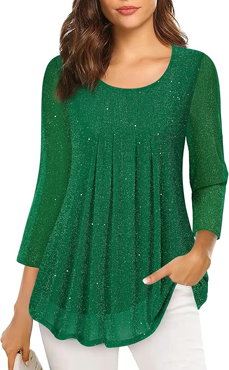 Women's 3/4 Sleeve Tunic Tops Casual Loose Fit Floral Blouses Mesh Pleated Layered Shirt