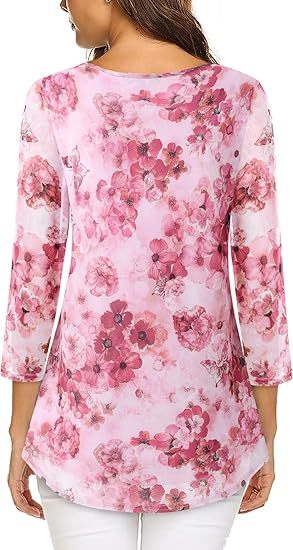 Women's 3/4 Sleeve Tunic Tops Casual Loose Fit Floral Blouses Mesh Pleated Layered Shirt