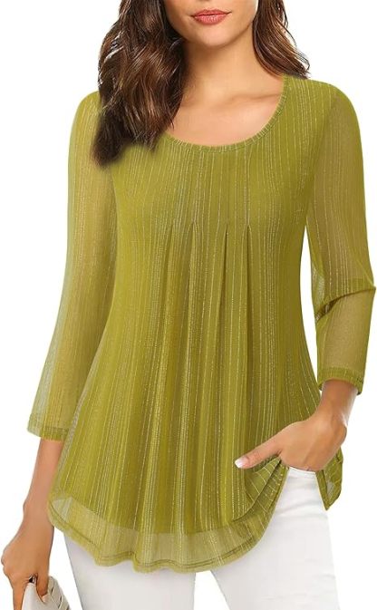 Women's 3/4 Sleeve Tunic Tops Casual Loose Fit Floral Blouses Mesh Pleated Layered Shirt