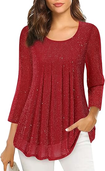 Women's 3/4 Sleeve Tunic Tops Casual Loose Fit Floral Blouses Mesh Pleated Layered Shirt