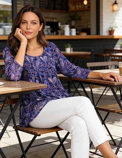 Women's 3/4 Sleeve Tunic Tops Casual Loose Fit Floral Blouses Mesh Pleated Layered Shirt