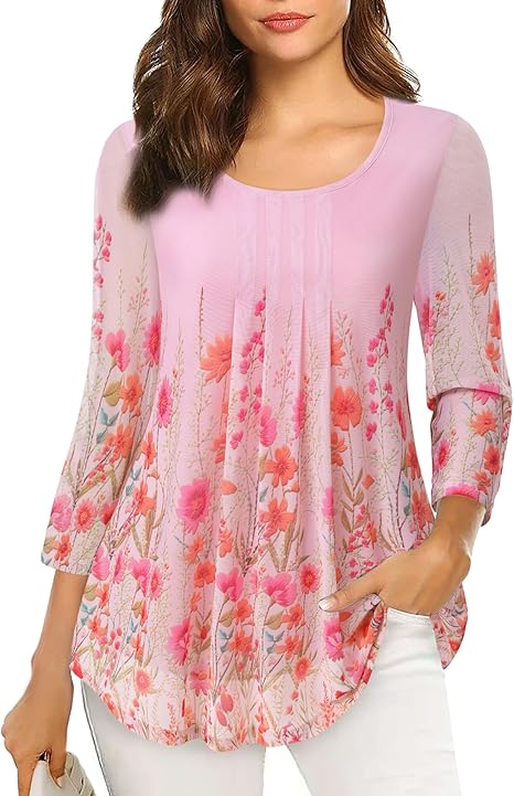 Women's 3/4 Sleeve Tunic Tops Casual Loose Fit Floral Blouses Mesh Pleated Layered Shirt