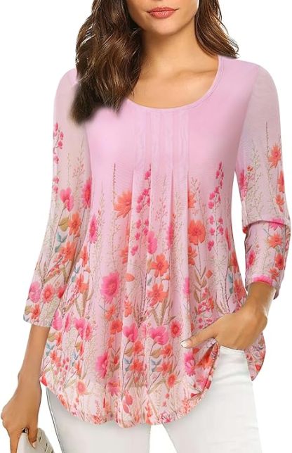 Women's 3/4 Sleeve Tunic Tops Casual Loose Fit Floral Blouses Mesh Pleated Layered Shirt