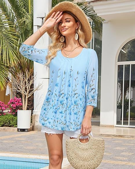 Women's 3/4 Sleeve Tunic Tops Casual Loose Fit Floral Blouses Mesh Pleated Layered Shirt