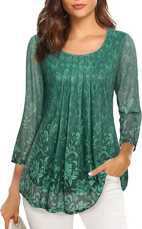 Women's 3/4 Sleeve Tunic Tops Casual Loose Fit Floral Blouses Mesh Pleated Layered Shirt
