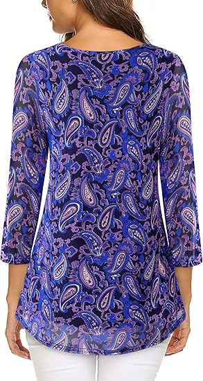 Women's 3/4 Sleeve Tunic Tops Casual Loose Fit Floral Blouses Mesh Pleated Layered Shirt