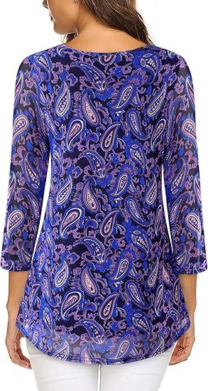 Women's 3/4 Sleeve Tunic Tops Casual Loose Fit Floral Blouses Mesh Pleated Layered Shirt