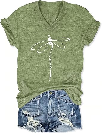 Women's Graphic Tees Casual Summer Funny Dragonfly Printed Short Sleeve Cute T Shirts Tops